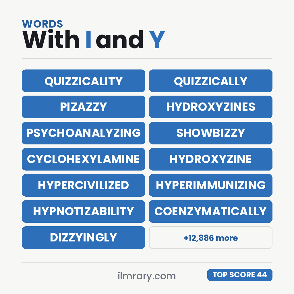 The strongest words with I and Y in them for a tile game, QUIZZICALITY highest at 44 points in Scrabble and 46 in Words With Friends.