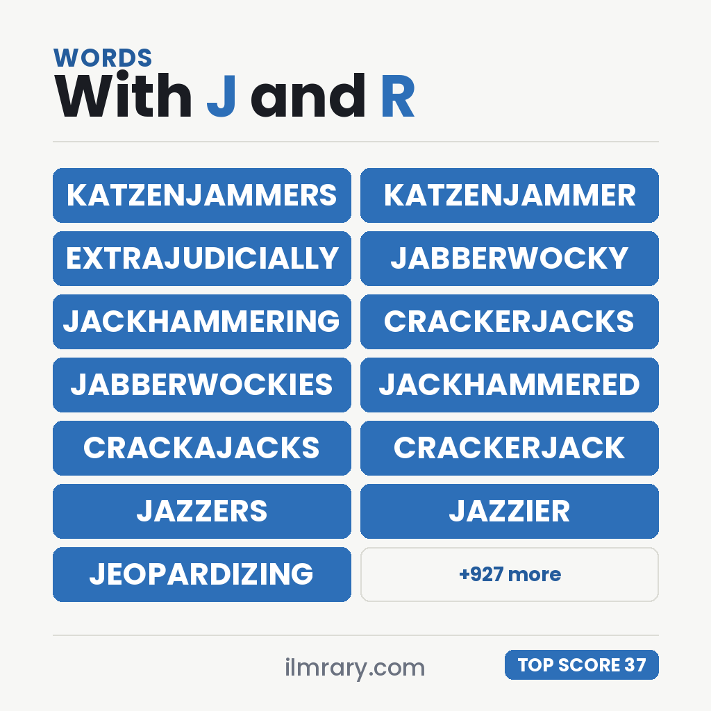KATZENJAMMERS at 37 points in Scrabble and 42 in Words With Friends, with the next strongest words with J and R in them beside it.