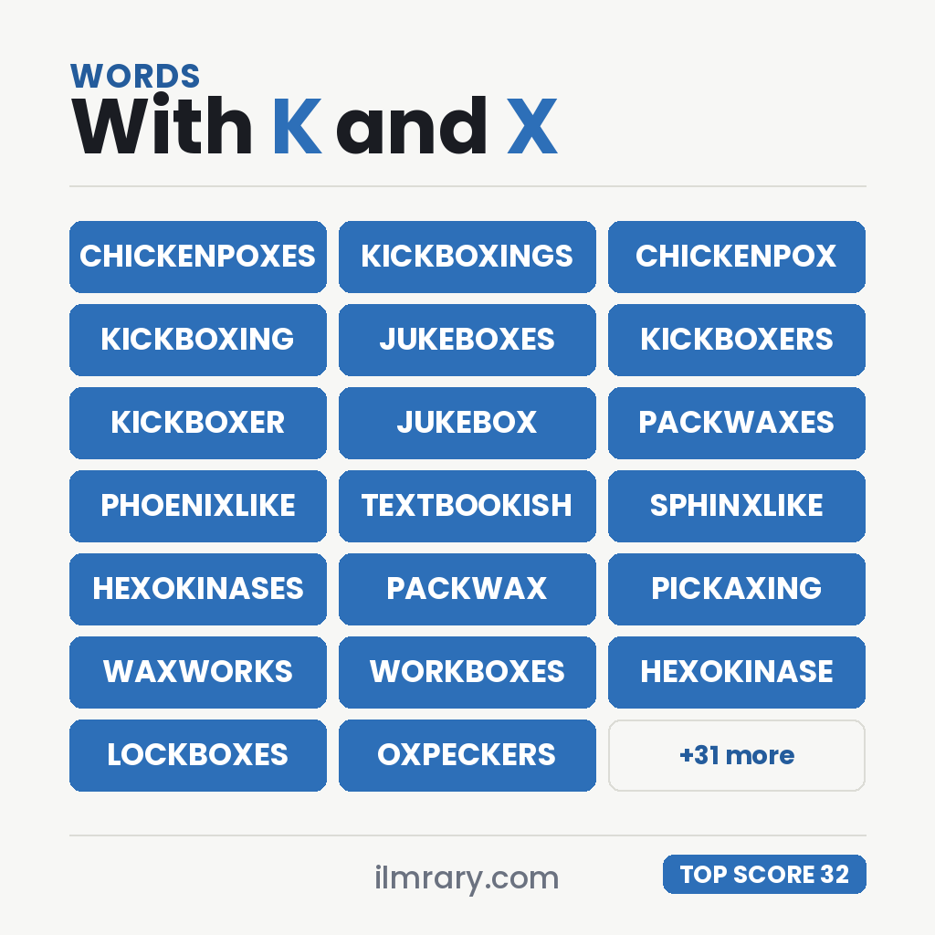 The strongest words with K and X in them for a tile game, CHICKENPOXES highest at 32 points in Scrabble and 35 in Words With Friends.