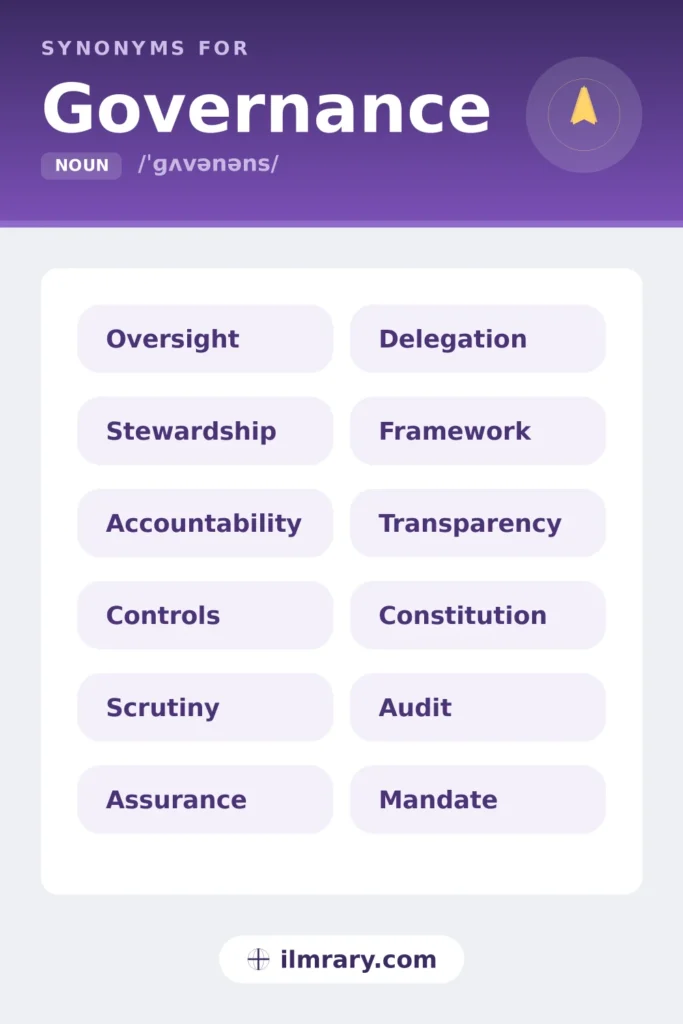 Another word for governance, including oversight, stewardship, accountability, controls, each matched to the setting where it fits.