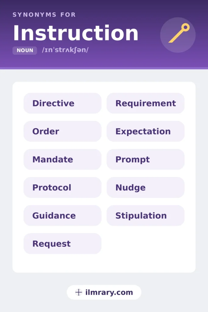 Another word for instruction, including directive, order, mandate, protocol, each matched to the setting where it fits.