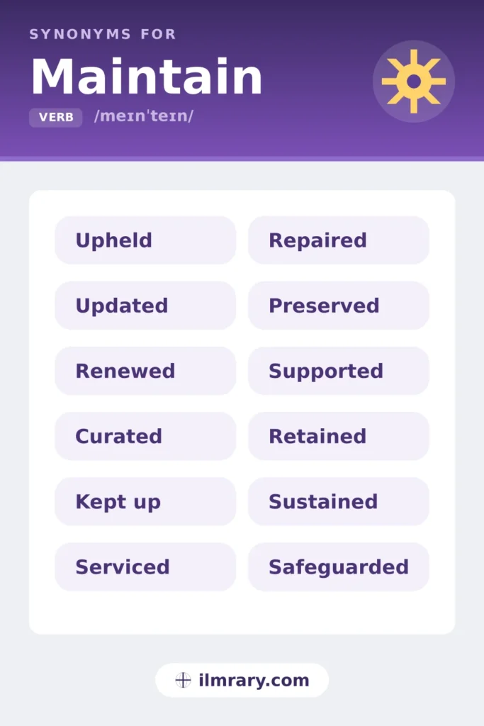 Another word for maintain, including upheld, updated, renewed, curated, each matched to the setting where it fits.