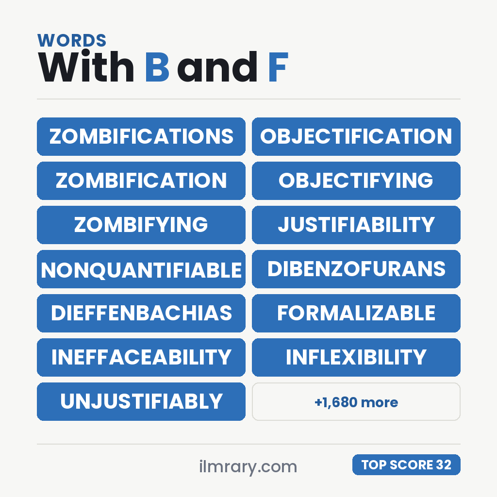 ZOMBIFICATIONS at 32 points in Scrabble and 36 in Words With Friends, with the next strongest words with B and F in them beside it.