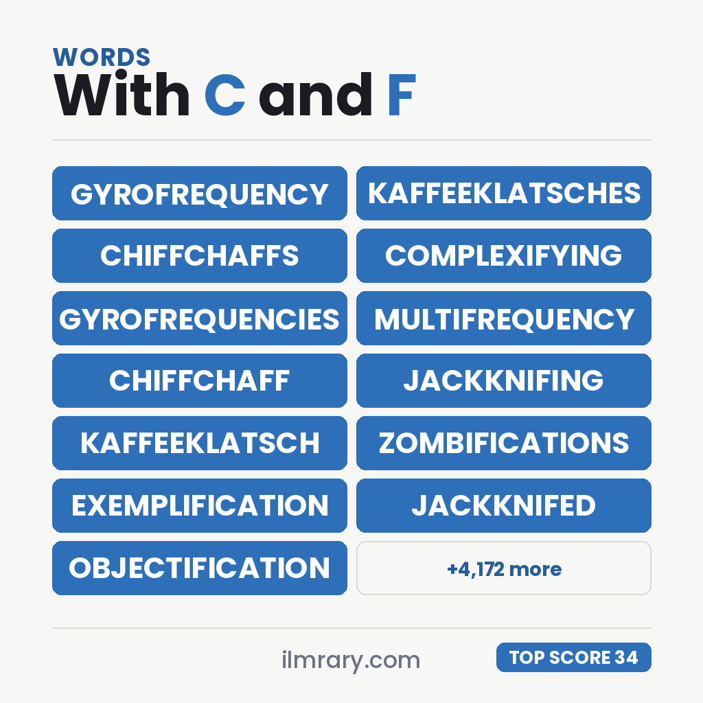 The highest scoring words with C and F in them, led by GYROFREQUENCY at 34 points in Scrabble and 36 in Words With Friends.