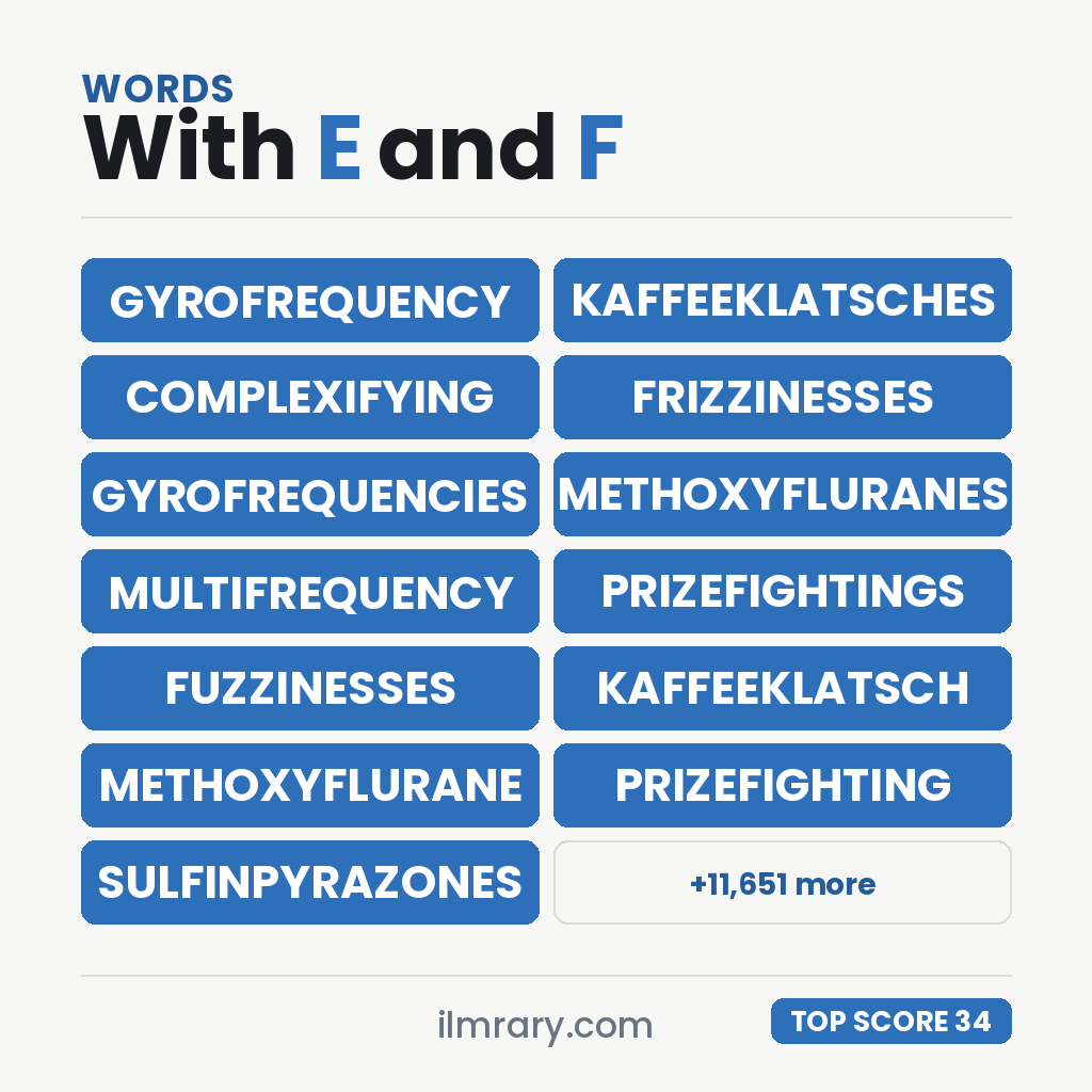 The strongest words with E and F in them for a tile game, GYROFREQUENCY highest at 34 points in Scrabble and 36 in Words With Friends.
