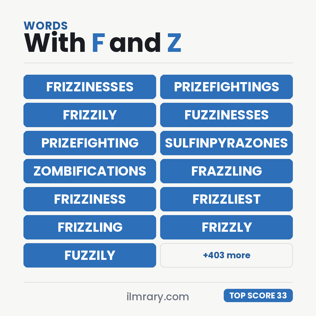 The strongest words with F and Z in them for a tile game, FRIZZINESSES highest at 33 points in Scrabble and 34 in Words With Friends.