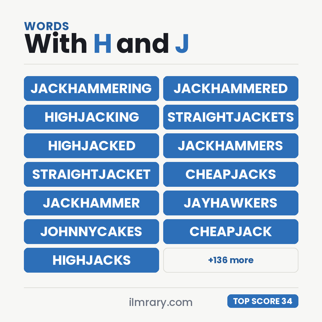 The strongest words with H and J in them for a tile game, JACKHAMMERING highest at 34 points in Scrabble and 40 in Words With Friends.