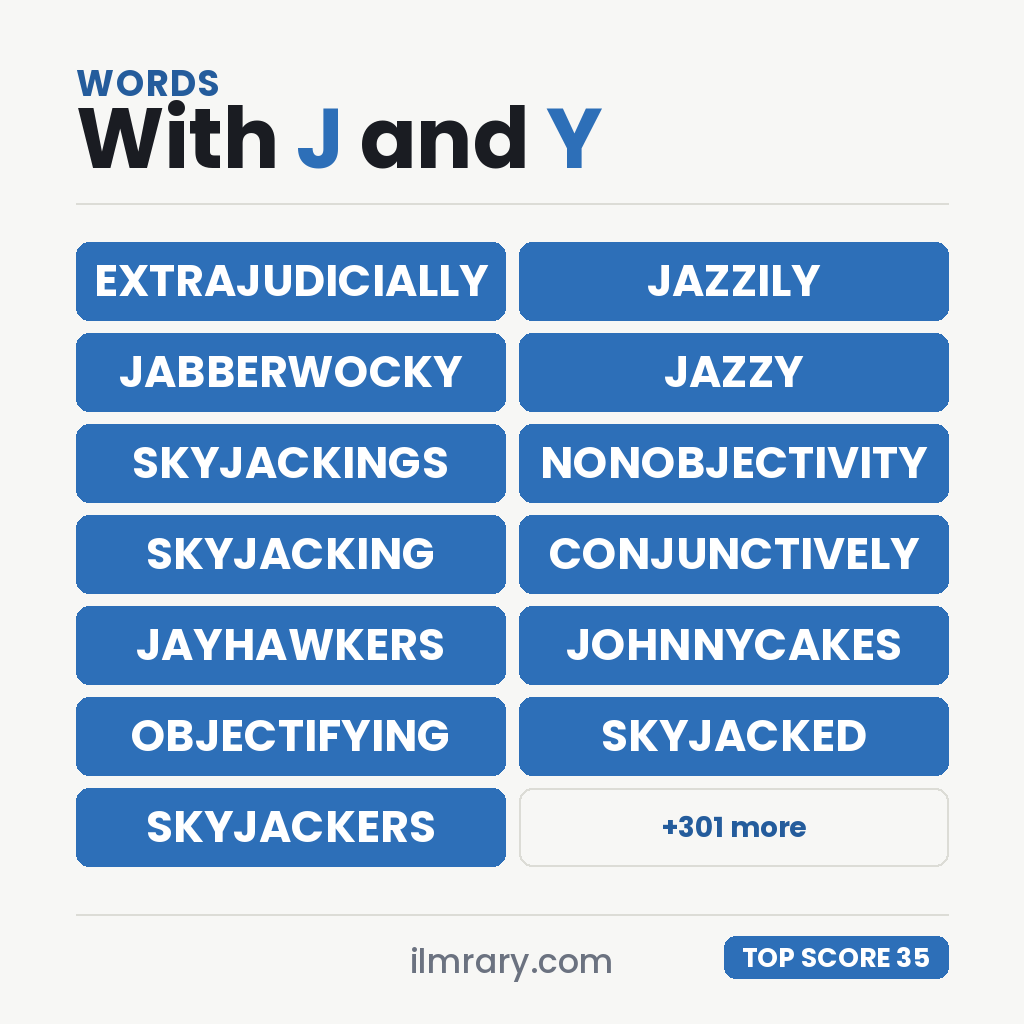 The highest scoring words with J and Y in them, led by EXTRAJUDICIALLY at 35 points in Scrabble and 40 in Words With Friends.